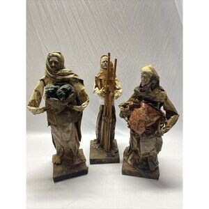 Vintage 3 Decoupage Paper Mache Man & Woman Holding Bags And Brooms 15” Tall